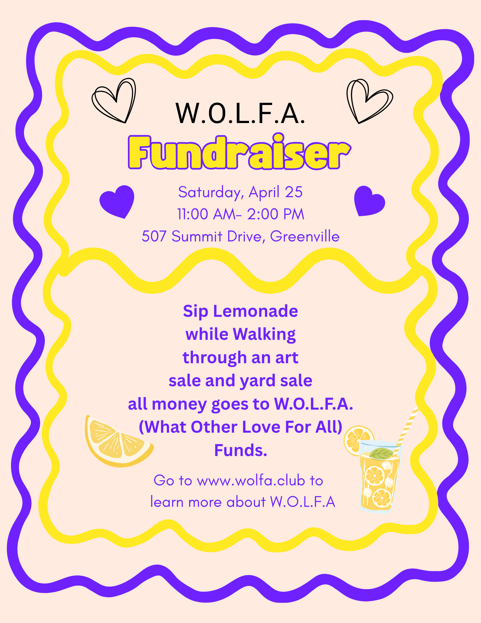 W.O.L.F.A. Fundraiser flyer for Saturday, April 25, 2026 from 11:00 AM to 2:00 PM at 507 Summit Drive in Greenville.